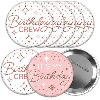 Big Dot of Happiness Pink Rose Gold Birthday - 3 inch Happy Birthday Party Badge - Pinback Buttons - Set of 8