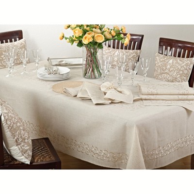 Natural Linen Blend Embroidered Table Runner, 16" x 72"