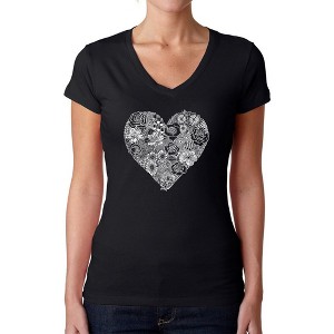 LA Pop Art Women's Word Art V-Neck T-Shirt - Heart Flowers - 1 of 4
