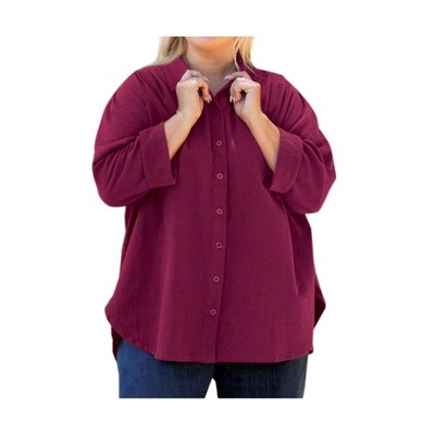 Women's 3/4 Sleeve Crinkle Cotton Long Sleeve Button Up - Plus - On The Plus Side