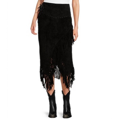 Women's Suede Leather Fringe Midi Skirt - Scully