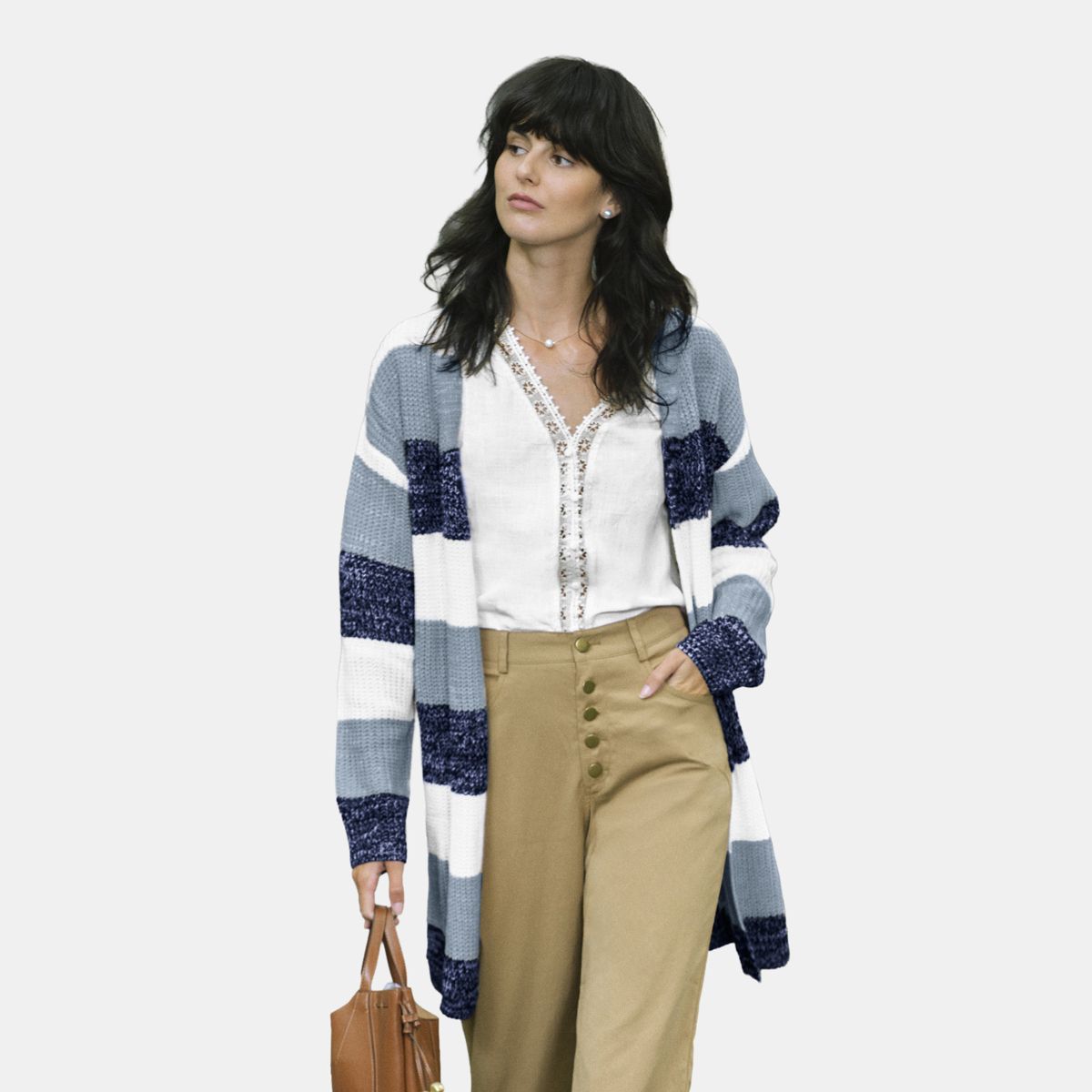 Cupshe Women's Oversized Striped Knit Longline Cardigan-S-Blue