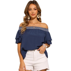INSPIRE CHIC Women's Off Shoulder Ruffles Sleeves Smocked Summer Beach Boho Top - 1 of 4