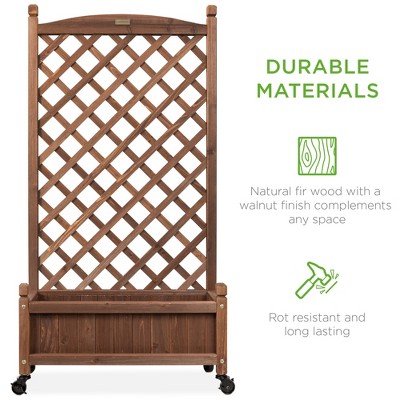 Walnut Finish Mobile Wood Planter Box with Diamond Lattice Trellis - 48"