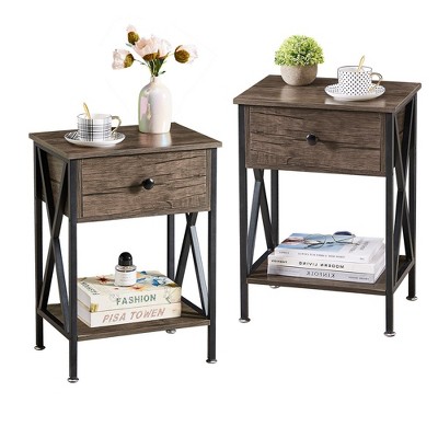 VECELO Nightstands X-Design Side End Table with Drawer, Wooden Nightstands Storage Shelf for Living Room, Bedroom