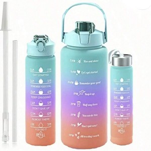 BABYYER 3-Piece Water Bottle Set (64oz, 26oz, 9oz) With Time Markings & Straw Lid - For Gym, Office, Hiking & Travel - 1 of 4