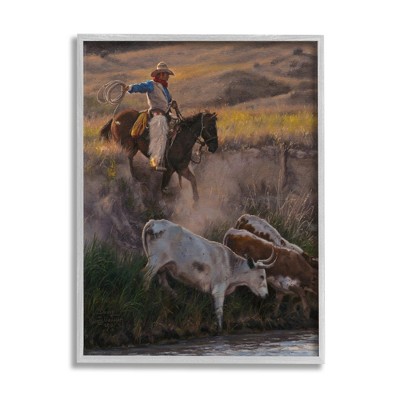 Stupell Industries Cowboy Rounding Up Cattle Lasso Framed Giclee