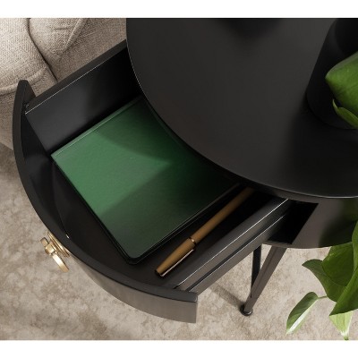 Black and Gold Round Wood Side Table with Storage