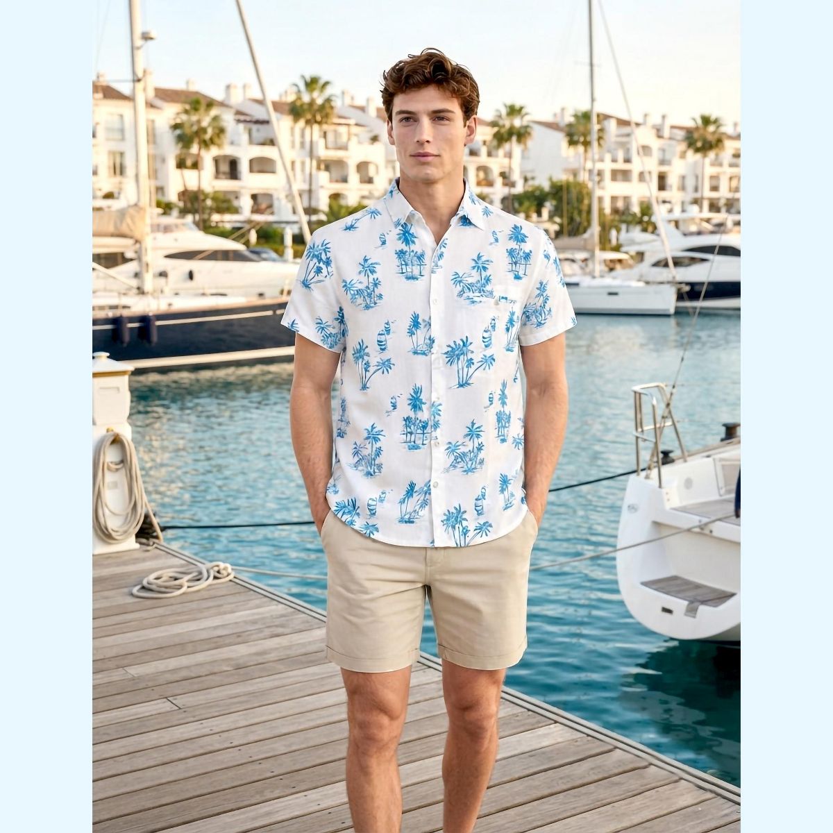 HAPPY BAY Men's Short Sleeve Button Down Hawaiian Collar Shirts Aloha Camp Beach Vacation Shirts Casual Camp Summer Untuckit Shirt 3XL Blue,Tree - thumbnail 3