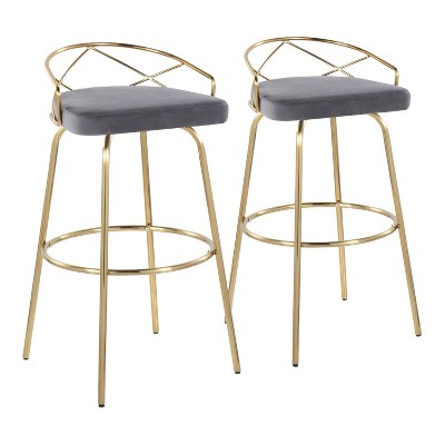 LumiSource Set of 2 Charlotte Barstools Gold/Gray: Velvet Upholstery, Metal Frame, Fixed Height