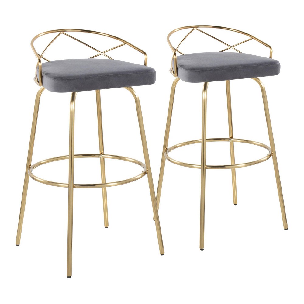 LumiSource Set of 2 Charlotte Barstools Gold/Gray: Velvet Upholstery, Metal Frame, Fixed Height