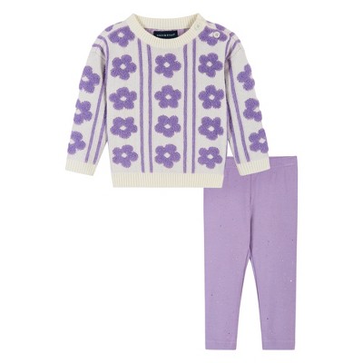 Image of Andy & Evan Infant  Girls Flower Faux Shearling Sweater & Legging Set Purple, Size 0-3 Months.