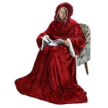 Tirrinia Fleece Hood Wearable Blanket for Adults, Comfy Warm Plush Throw with Sleeves TV Blanket Wrap Robe Hoodie Cover for Sofa, 72" x 55"