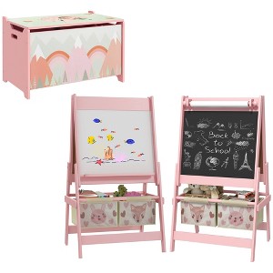 Qaba Toy Box with Lid and Kids Easel with Paper Roll, Blackboard, Whiteboard, Cute Fox Design Kids Activity Furniture Set for Ages 3-8 Years, Pink - 1 of 4