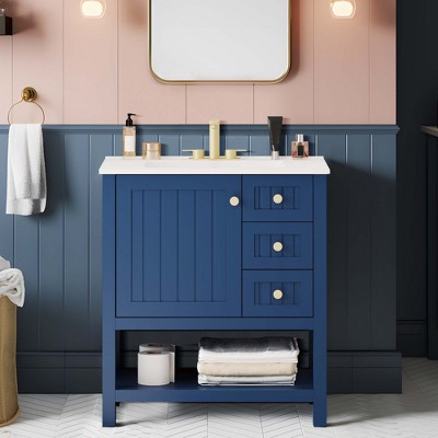 NicBex 30" Bathroom Vanity with Resin Sink, Bathroom Cabinet Storage with 1 Spacious Cabinet, 2 Drawers, and 1 Open Shelf for Bathroom, Blue