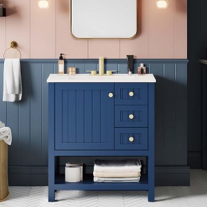 NicBex 30" Bathroom Vanity with Resin Sink, Bathroom Cabinet Storage with 1 Spacious Cabinet, 2 Drawers, and 1 Open Shelf for Bathroom, Blue - 1 of 4