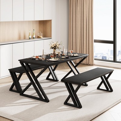 Homhougo 45” Dining Table with Benches, Kitchen Table Set for 4-6, Rectangular Dining Room Table Set with Sturdy Metal Frame