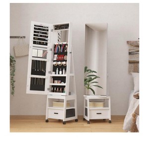 White 360°Swivel Jewelry Armoire, Floor Standing Locking with Full Length Mirror,Bottom Drawer, Shelf, Wheels,White Cabinet with Storage Capacity Bo - 1 of 4