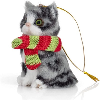 Mini Gray and White Faux Fur Cat Ornament with Scarf