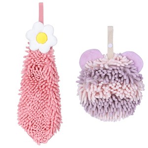 REGALWOVEN Soft Absorbent Cute Fuzzy Hanging Decorative Bathroom Chenille Hand Towel 6" x 15"/7" x 7" 2 Packs - 1 of 4