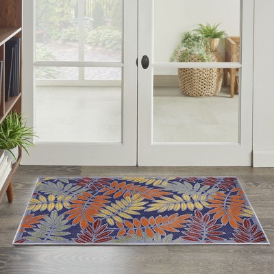 Navy Multicolor Floral Leaf Outdoor Rug 2'8" x 4'