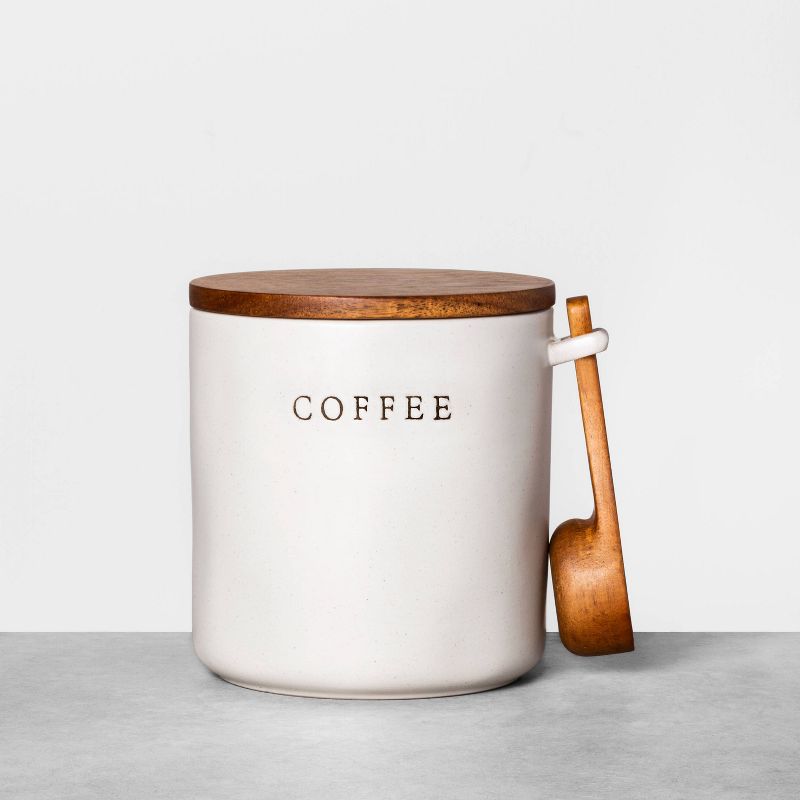 37oz Stoneware Coffee Canister with Wood Lid &#38; Scoop Cream/Brown - Hearth &#38; Hand&#8482; with Magnolia, 1 of 12