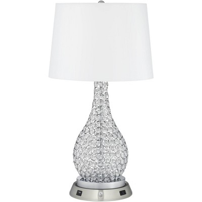 Possini Euro Design Modern Table Lamp with Dimmable USB and Outlet Workstation Base Chrome Beaded White Drum Living Room Bedroom