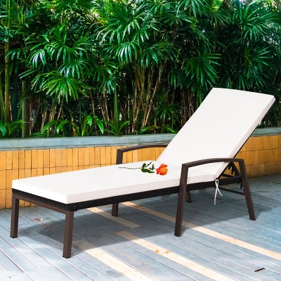Beige Steel and Rattan Outdoor Chaise Lounge with Cushions