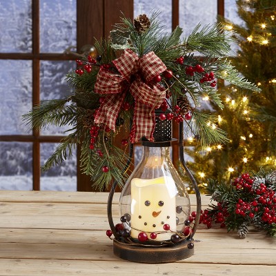 Lakeside Flameless Pillar Candle in Glass Hurricane Lantern with Floral Winter Accents