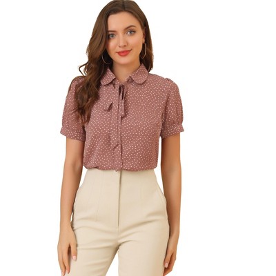 INSPIRE CHIC Women's Retro Dots Print Bow Tie Peter Pan Collar Chiffon Blouse