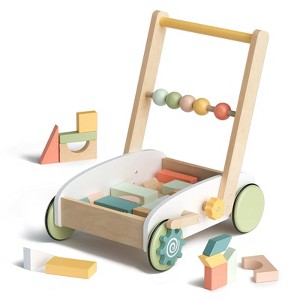 ROBOTIME Wooden Baby Push Walker,Learning Toys, Birthday 1 2 3 Year Old Boys Girls Gifts with Wooden Building Block, Multicolored, 14''* 11''*16'' - 1 of 4