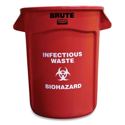 Rubbermaid Commercial Vented Round Brute Container, "Infectious Waste: Biohazard" Imprint, 32 gal, Plastic, Red