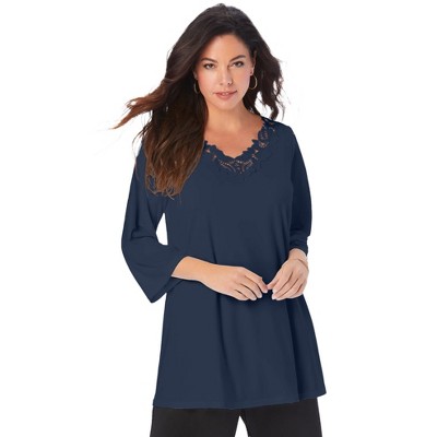 Roaman's Women's Plus Size Lace V Neck Ultrasmooth Fabric Top