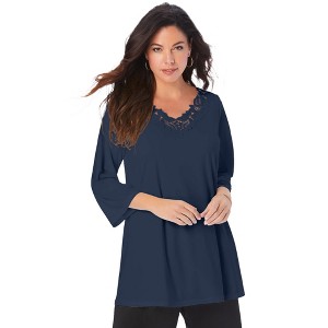 Roaman's Women's Plus Size Lace V Neck Ultrasmooth Fabric Top - 1 of 4