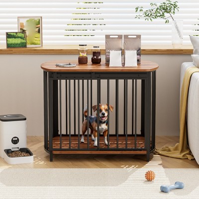 31.5" Dog Crate Furniture, Wooden Dog Kennel, Decorative Dog Cage End Table with Sliding Door, Chew-Resistant Pet House for Small to Medium Dogs
