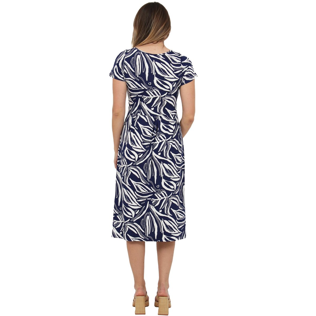 Womens Essential Abstract Print Short Sleeve Boat Neck Pleated Pocket Fit N Flare Midi Dress - 24seven Comfort Apparel™ - thumbnail 3