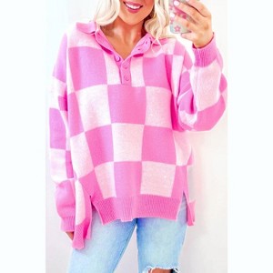 Pink Checkerboard Half Button Collared Drop Shoulder Sweater - 1 of 4
