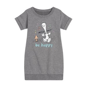 - Peanuts - Be Happy Snoopy And Woodstock Graphic Short Sleeve Fleece Dress - 1 of 4