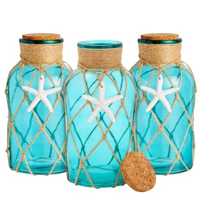 Okuna Outpost 3 Pack Blue Glass Vase with Cork Lid, Rope and Starfish Accent, Beach Home Decor, 4 x 8 In