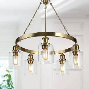 LNC Arlimutike 5-Light 25" Modern Wagon Wheel Cylinder  Medium Chandelier,Gold with Clear Cylinder Glass - 1 of 4