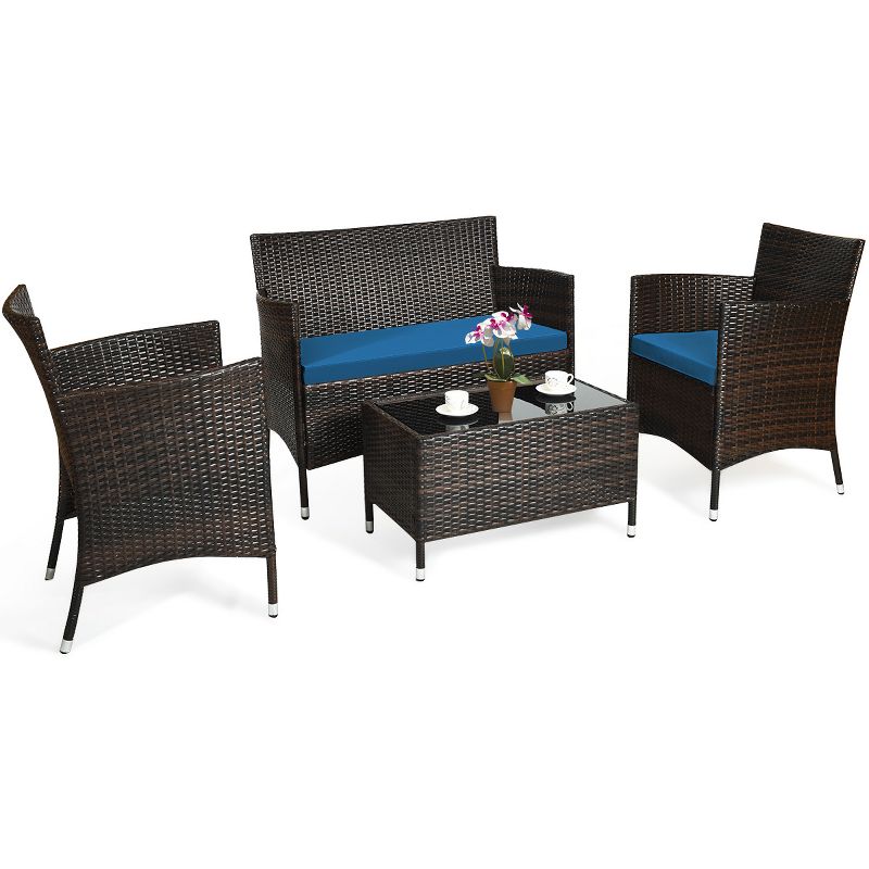 Costway 4PCS Rattan Patio Furniture Set Cushioned Sofa Chair Coffee Table, 2 of 11