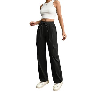 Womens Elastic Waist Cargo Pants With Pockets Wide Leg Casual