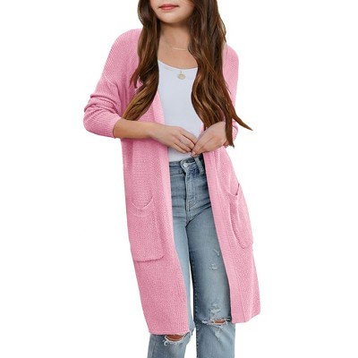 Girl's Open Front Cardigan Long Sleeve Knit Sweaters Kids Lightweight Cute Casual Loose Outerwear Coats with Pockets
