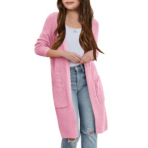 Girl's Open Front Cardigan Long Sleeve Knit Sweaters Kids Lightweight Cute Casual Loose Outerwear Coats with Pockets - 1 of 3