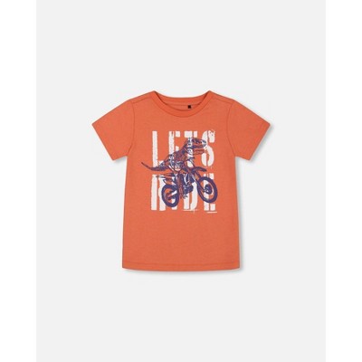 Deux par Deux Boy Organic Cotton Graphic Tee Orange and Navy Dino