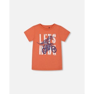 Deux par Deux Boy Organic Cotton Graphic Tee Orange and Navy Dino - 1 of 4