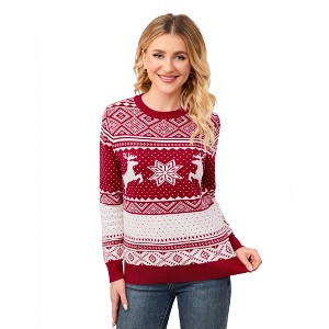 Clearlove Family Christmas Sweater Crew Neck Reindeer Snowflakes Knitted Pullover for Women - 1 of 4