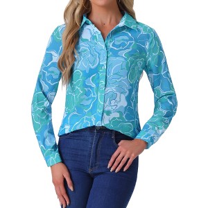 Allegra K Women's Point Collar Long Button Sleeve Button Down Floral Shirt - 1 of 4