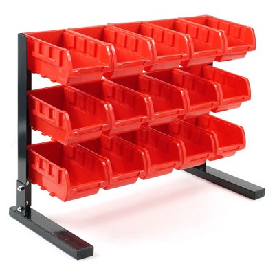 Fleming Supply Bench Top Parts Rack With Stackable Bins - 15Pcs, Red/Black