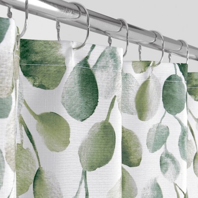 Green and White Botanical Polyester Shower Curtain